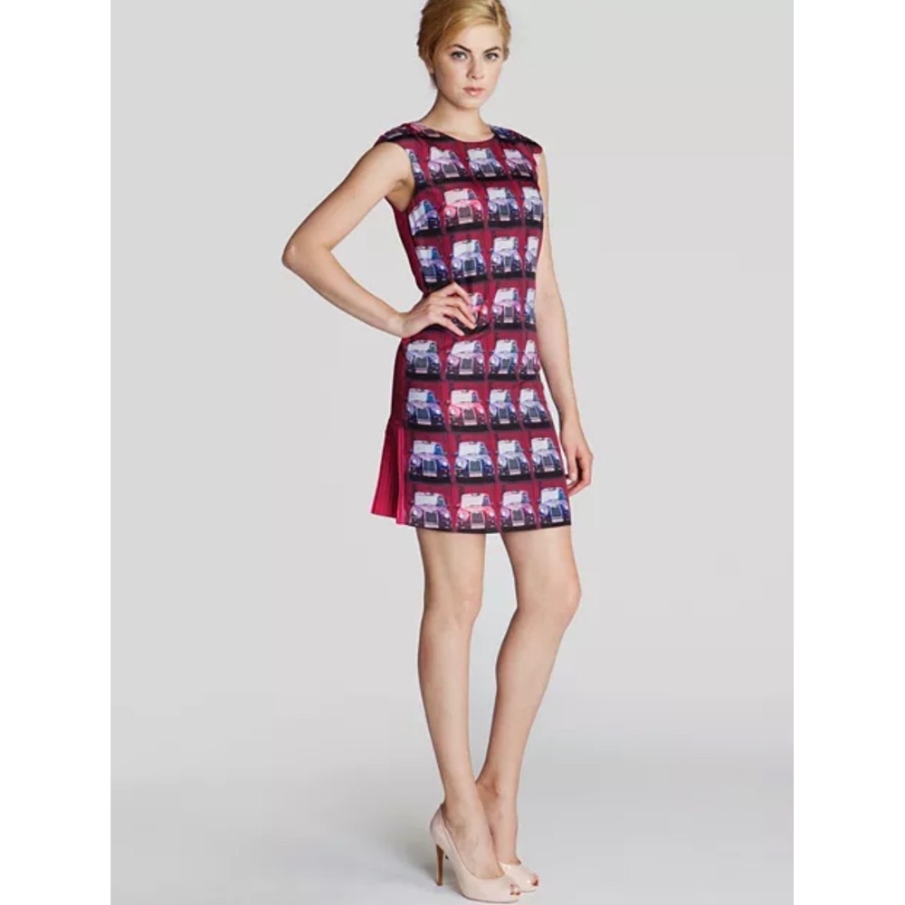 Ted Baker London Red Taxi Cab Print Pleated Drop Waist Shift Dress Size 1